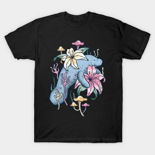 Manatee Explores Floral Lagoon - Rustic Flower Design T-Shirt